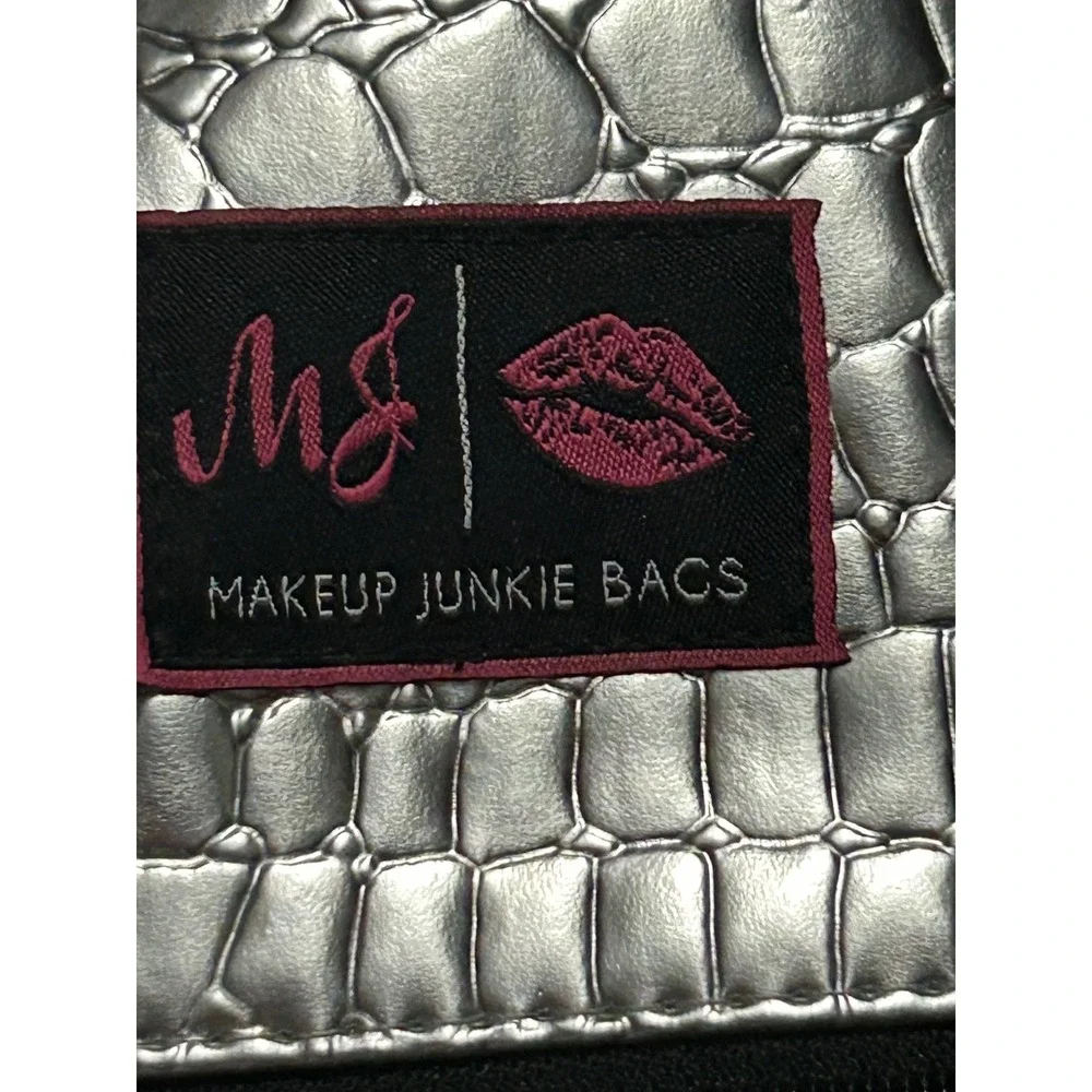 Makeup Junkie Bags Silver Metallic Croc Embossed Large Cosmetic Bag Tassel